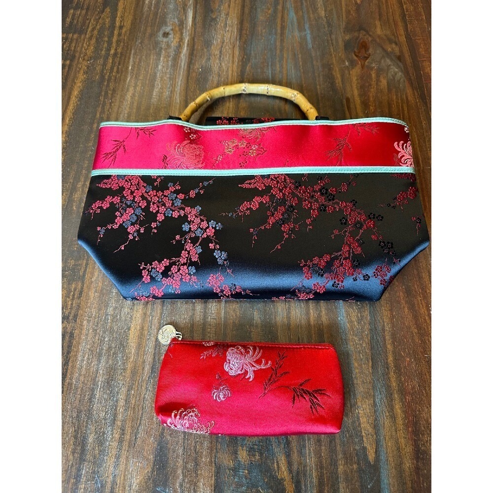 Asian Floral Purse Bamboo Handle Sachtel Red & Black by Yans NY with Accessories - Picture 13 of 15